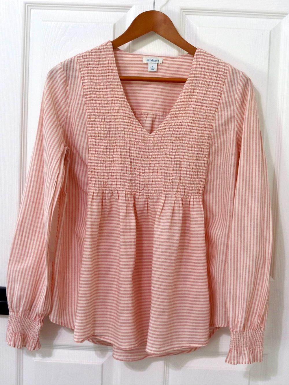 Sundance Pink Striped Smocked V-Neck, puff sleeve, summer, cottage core